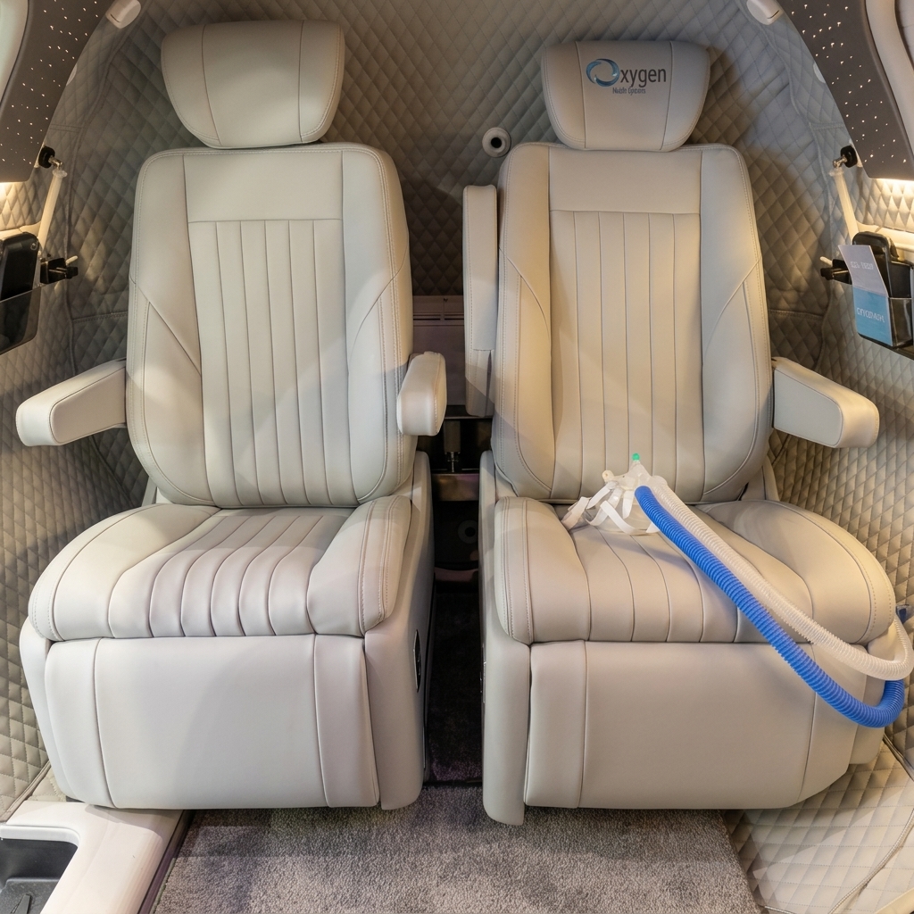 Two cream quilted leather captain's chairs inside the M5502 cabin with diamond-stitched wall lining, an Oxygen Health Systems embroidered headrest, and a blue oxygen mask hose
