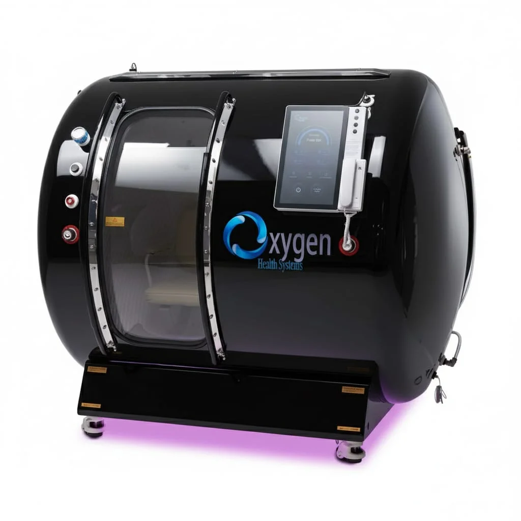 M5502 hyperbaric oxygen chamber in a glossy black finish with chrome handles and touchscreen control panel