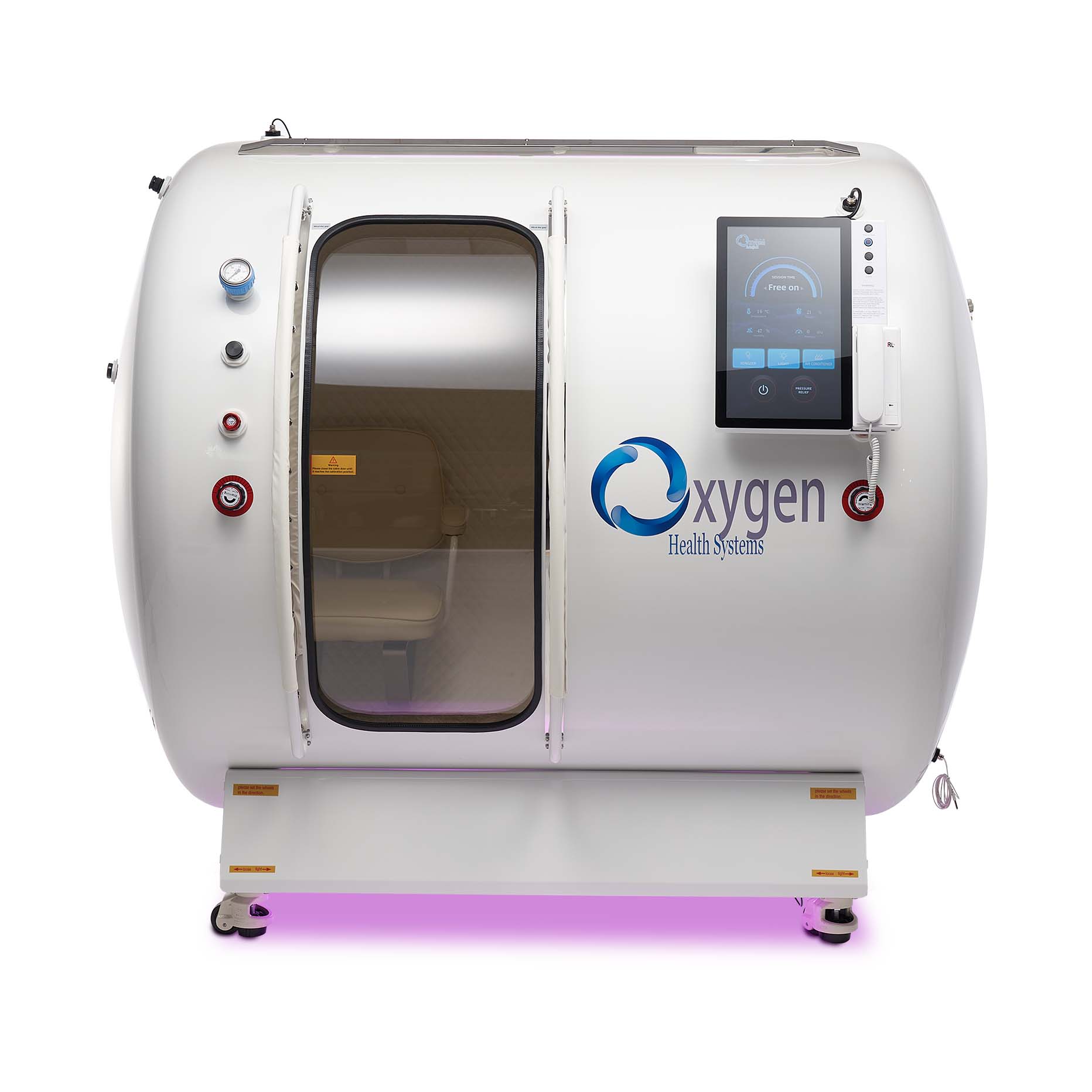 Front view of the M5502 hyperbaric oxygen chamber in white with a large tinted viewing window
