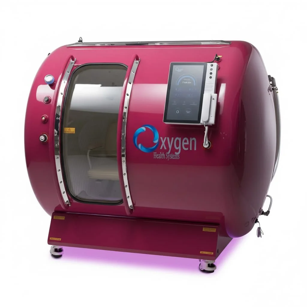 M5502 hyperbaric oxygen chamber in a magenta burgundy finish with chrome handles and touchscreen control panel