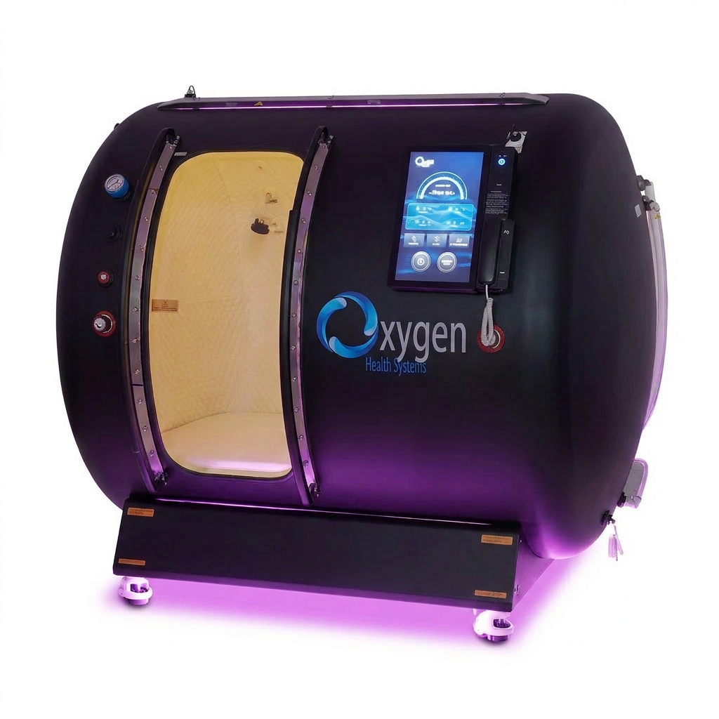 M5502 hyperbaric oxygen chamber in a matte black finish with the sliding door open, revealing a tan quilted interior, purple accent lighting, and touchscreen control panel