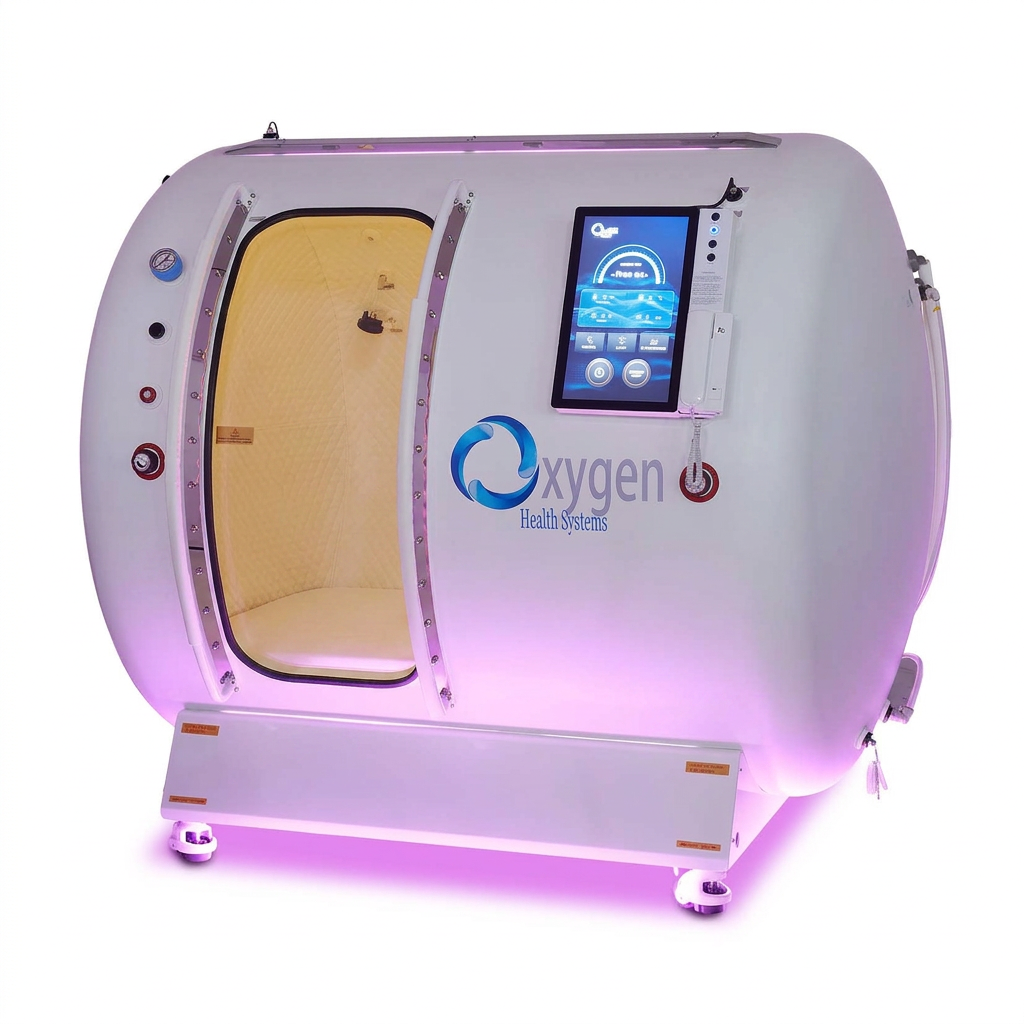 M5502 hyperbaric oxygen chamber in a matte white finish with the sliding door open, revealing a tan quilted interior, purple accent lighting, and touchscreen control panel