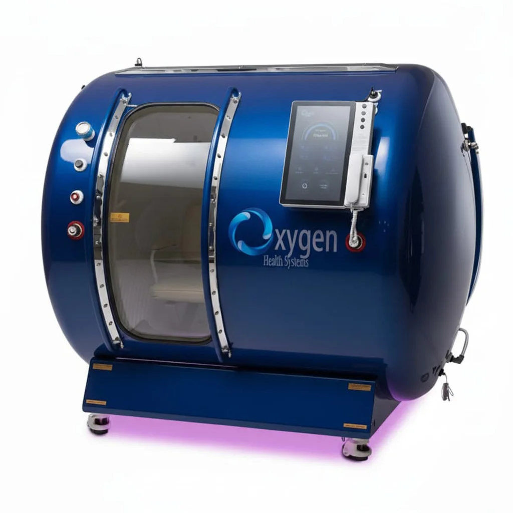 M5502 hyperbaric oxygen chamber in a deep navy blue finish with chrome handles and touchscreen control panel