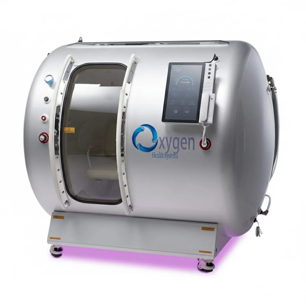 M5502 hyperbaric oxygen chamber in a silver chrome finish with pink accent lighting and touchscreen control panel
