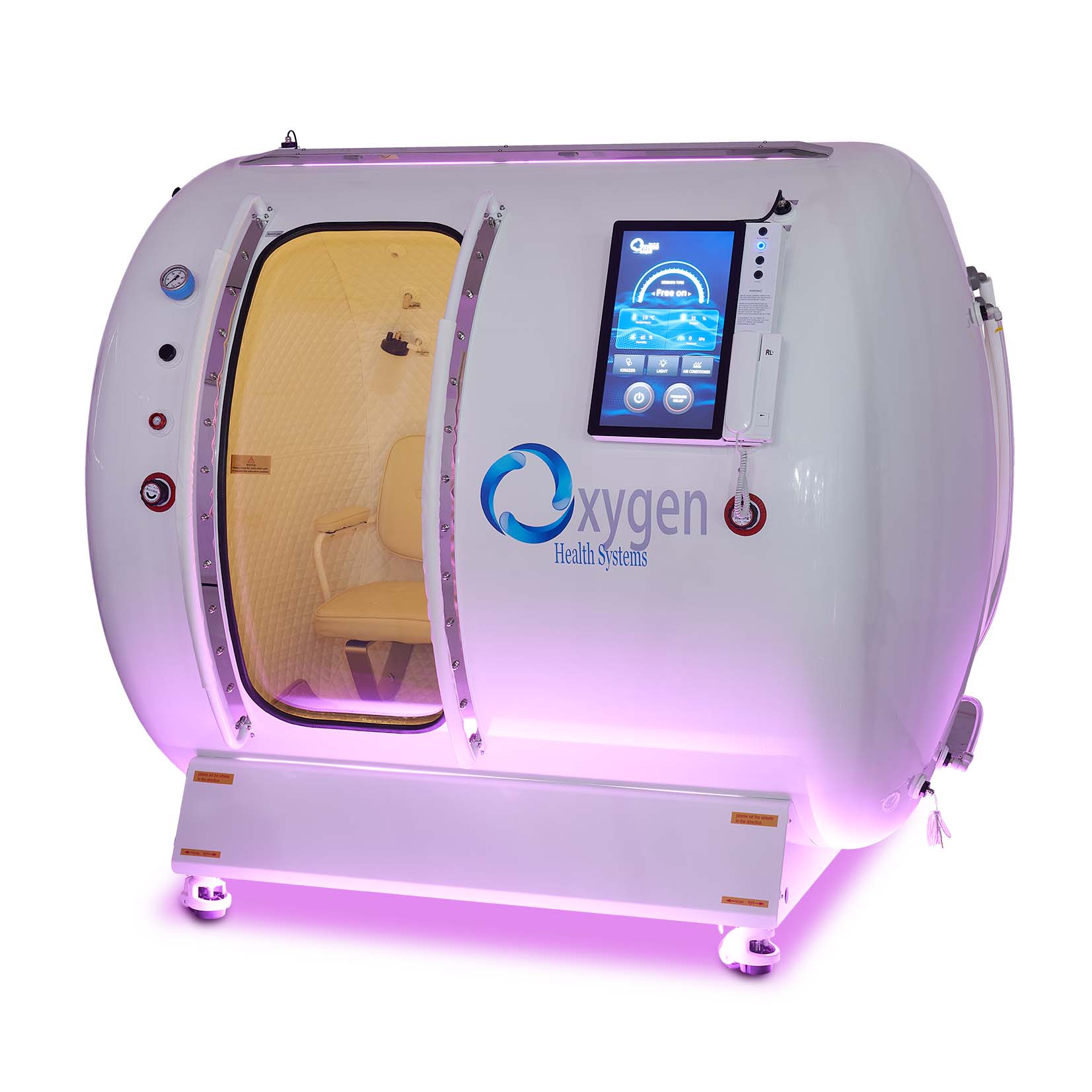 M5502 hyperbaric oxygen chamber in white with the sliding door open, revealing a tan cushioned interior seat