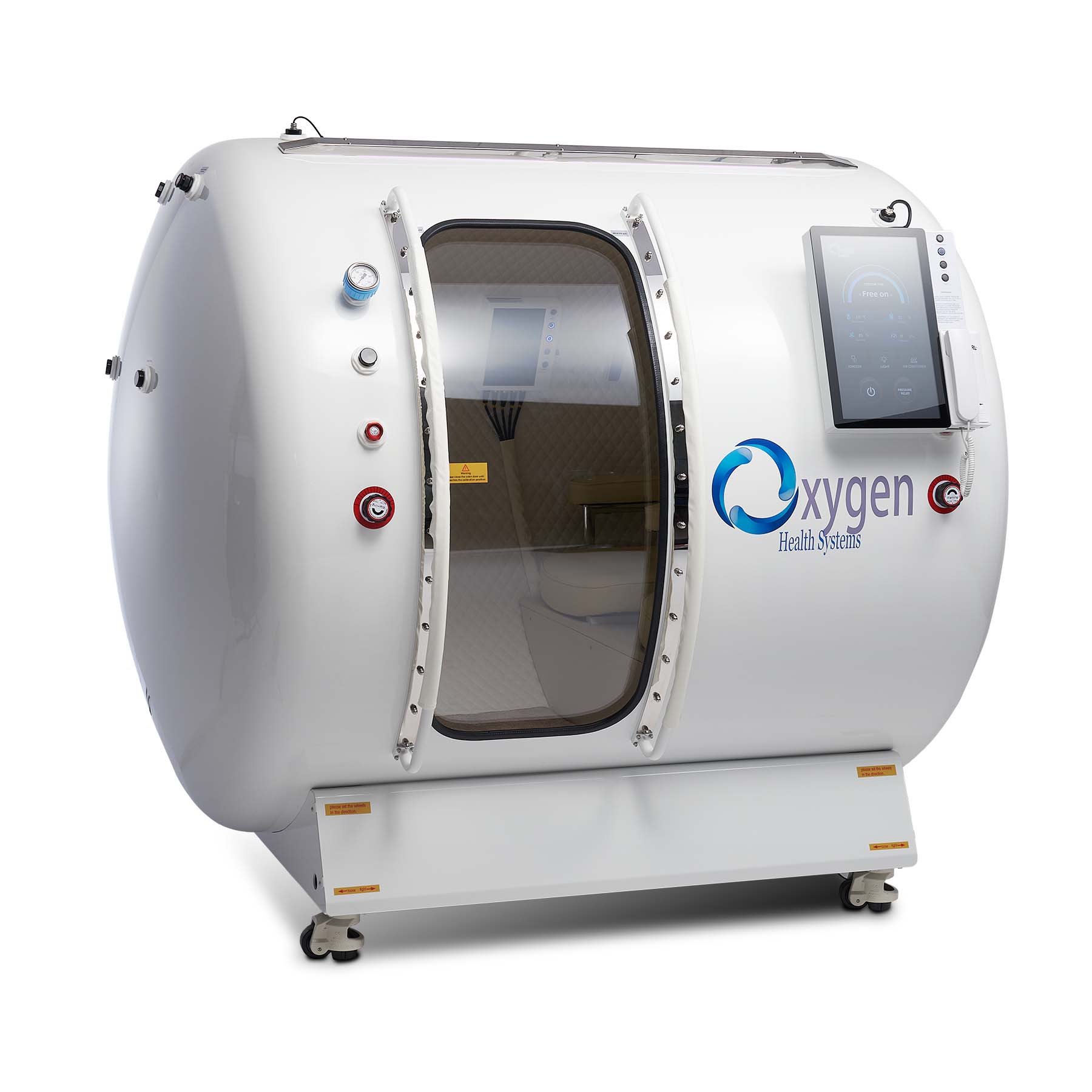 M5502 hyperbaric oxygen chamber in white with a closed tinted viewing window, shown at an angle