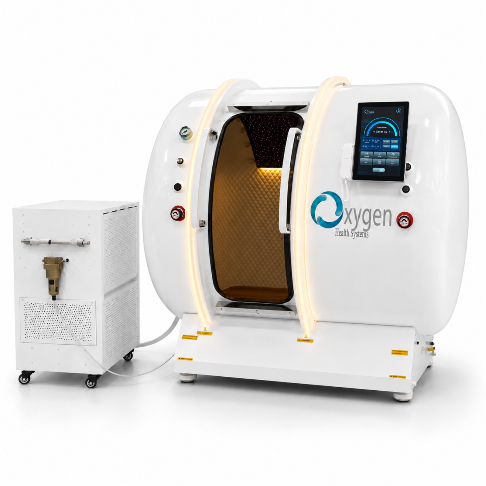 M5502 hyperbaric oxygen chamber in pearl white with warm interior lighting, quilted gold interior, and its all-in-one oxygen concentrator system