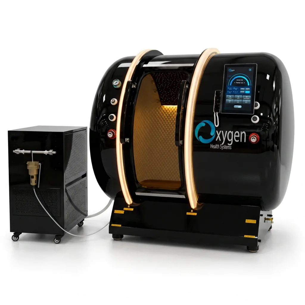 M5502 hyperbaric oxygen chamber in a glossy black finish with gold LED trim rings, touchscreen control panel, and matching all-in-one oxygen concentrator unit