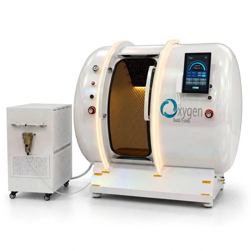 M5502 hyperbaric oxygen chamber in a glossy pearl white finish with warm interior lighting, touchscreen control panel, and matching all-in-one oxygen concentrator unit