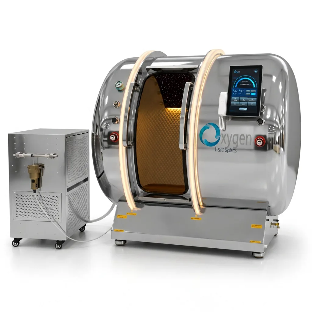 M5502 hyperbaric oxygen chamber in a glossy chrome silver finish with warm interior lighting, touchscreen control panel, and matching all-in-one oxygen concentrator unit