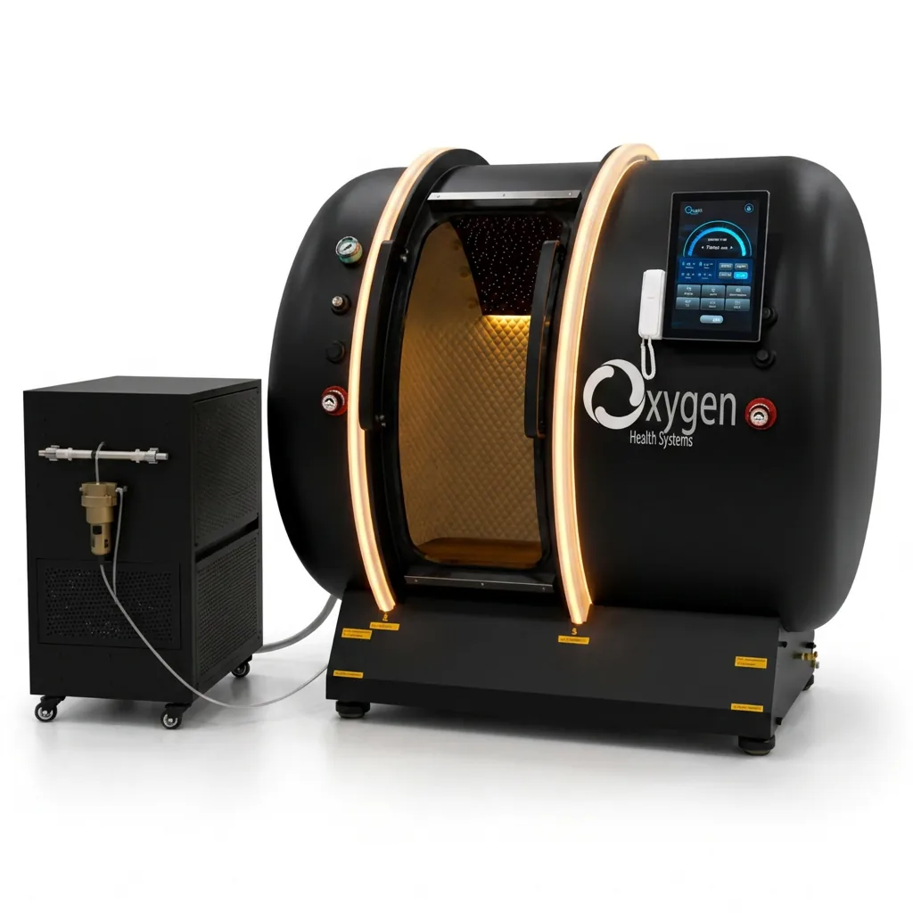 M5502 hyperbaric oxygen chamber in a matte black finish with gold LED trim rings, touchscreen control panel, and matching all-in-one oxygen concentrator unit