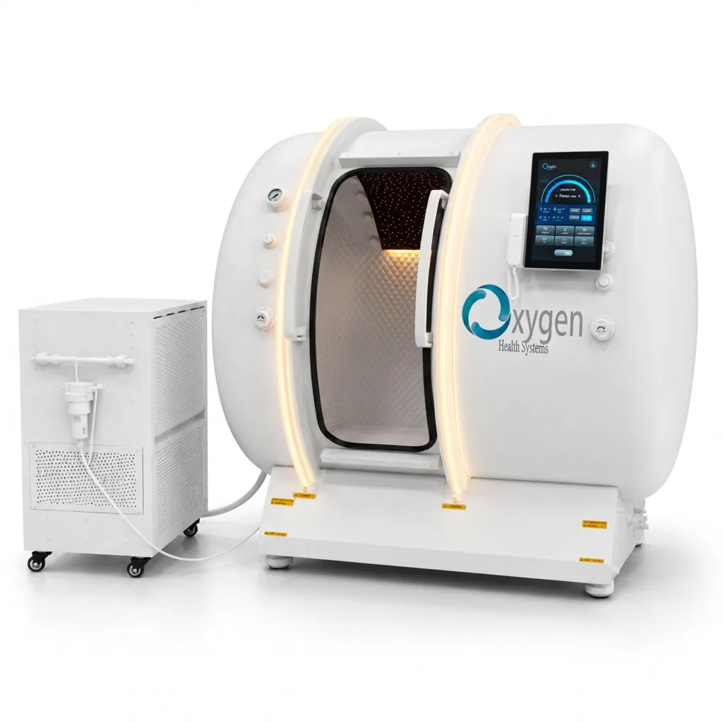 M5502 hyperbaric oxygen chamber in a matte white finish with the door open, warm interior lighting, and matching all-in-one oxygen concentrator unit