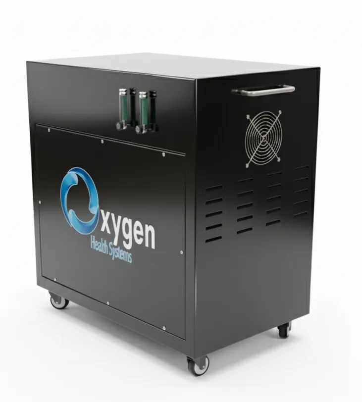 Second 20 LPM oxygen generator — black floor cabinet on casters with dual oxygen fittings, a cooling fan grille, and ventilation panels